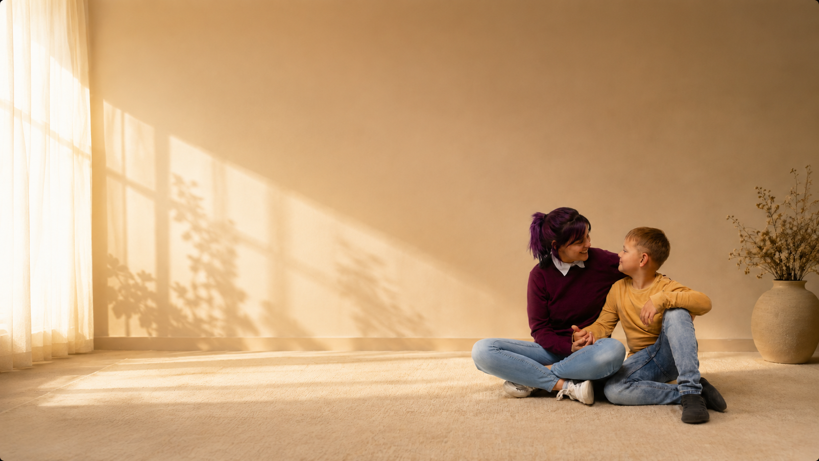 A mother and child sharing a quiet moment in a sunlit room