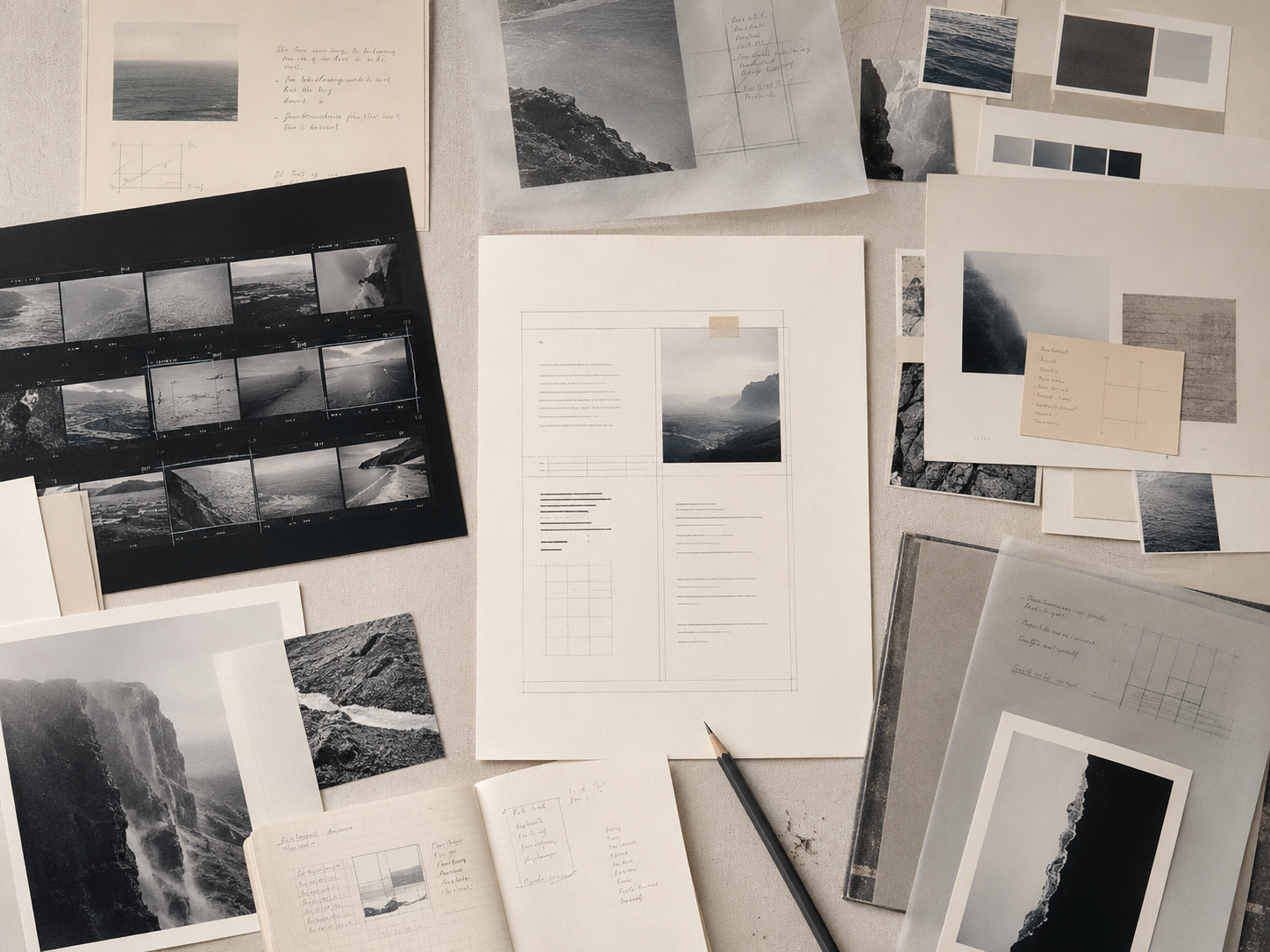 Editorial workspace exploring source material, visual patterns, sequencing, and creative direction.