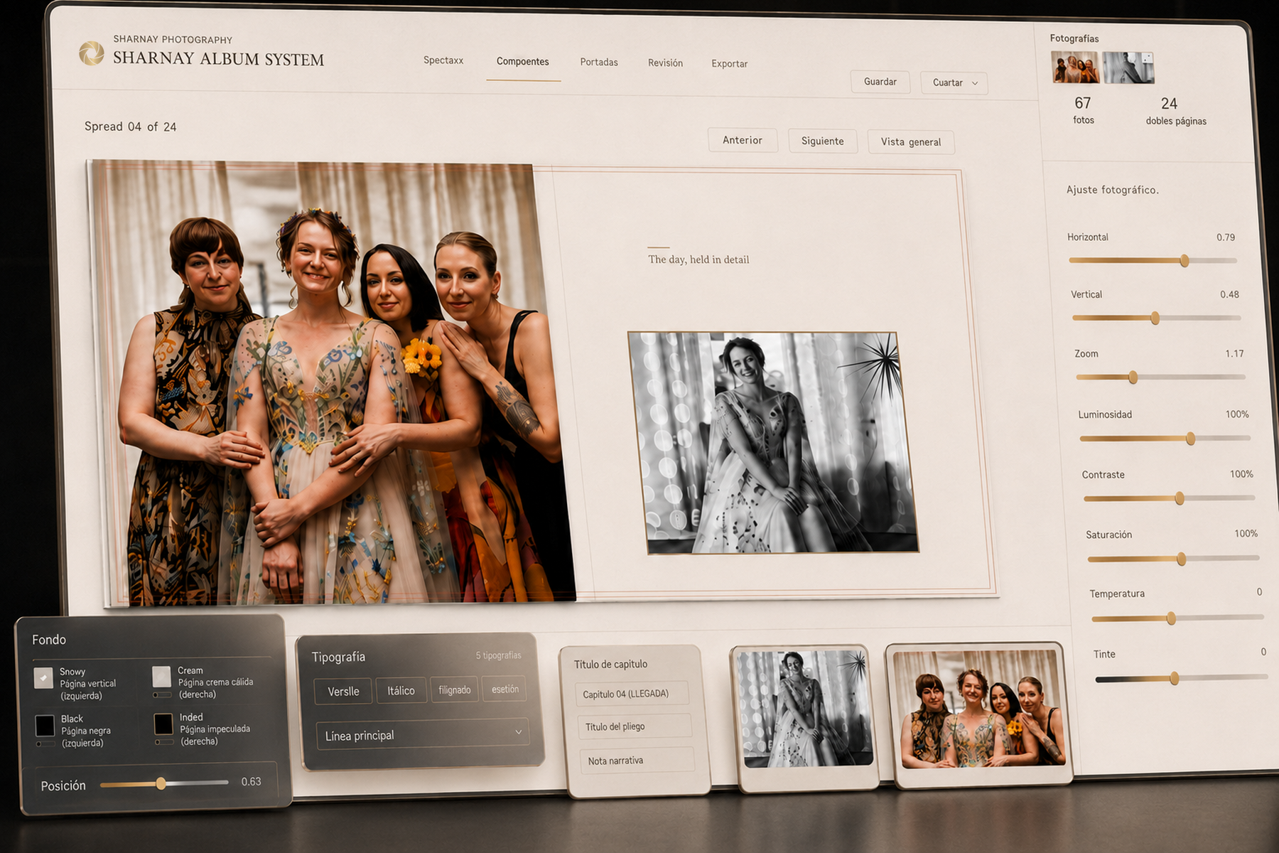 Sharnay Album System — editorial wedding album studio interface with open spread and design controls