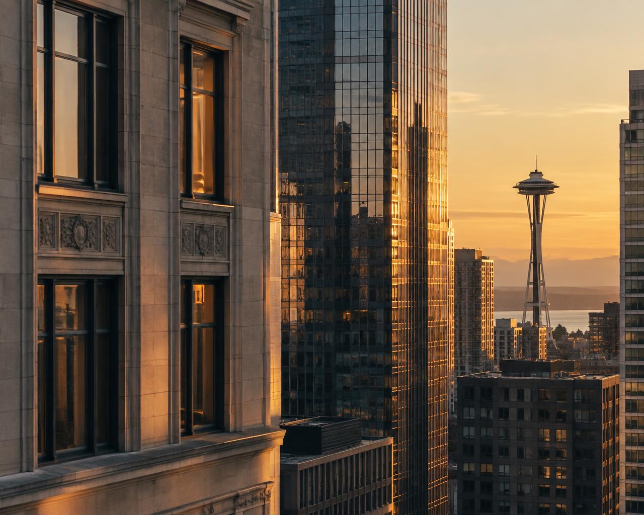 Seattle's Space Needle at golden hour framed by downtown towers
