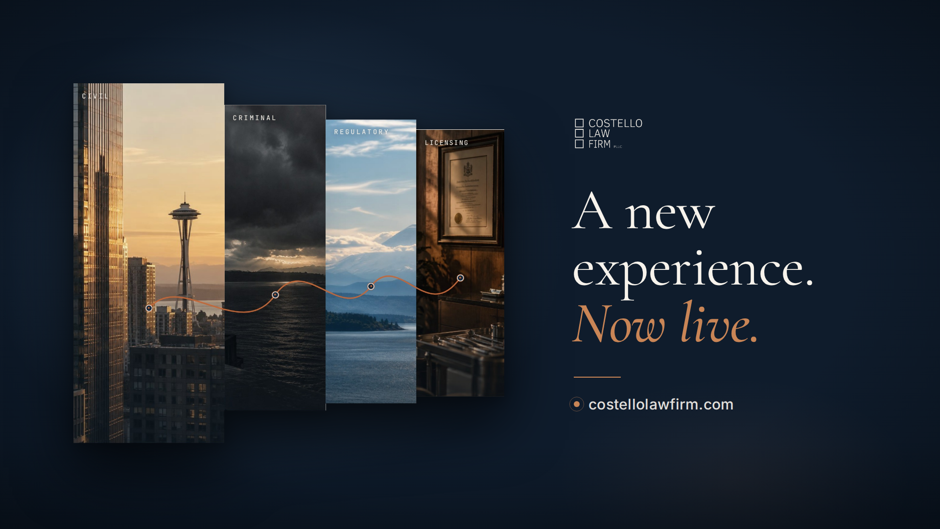 Costello Law Firm launch film still: four photographic panels beside the line A new experience. Now live.