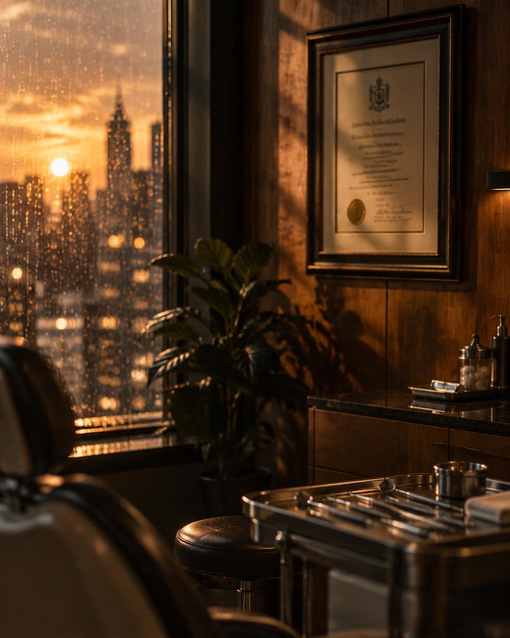 A wood-panelled office at dusk with framed credentials on the wall