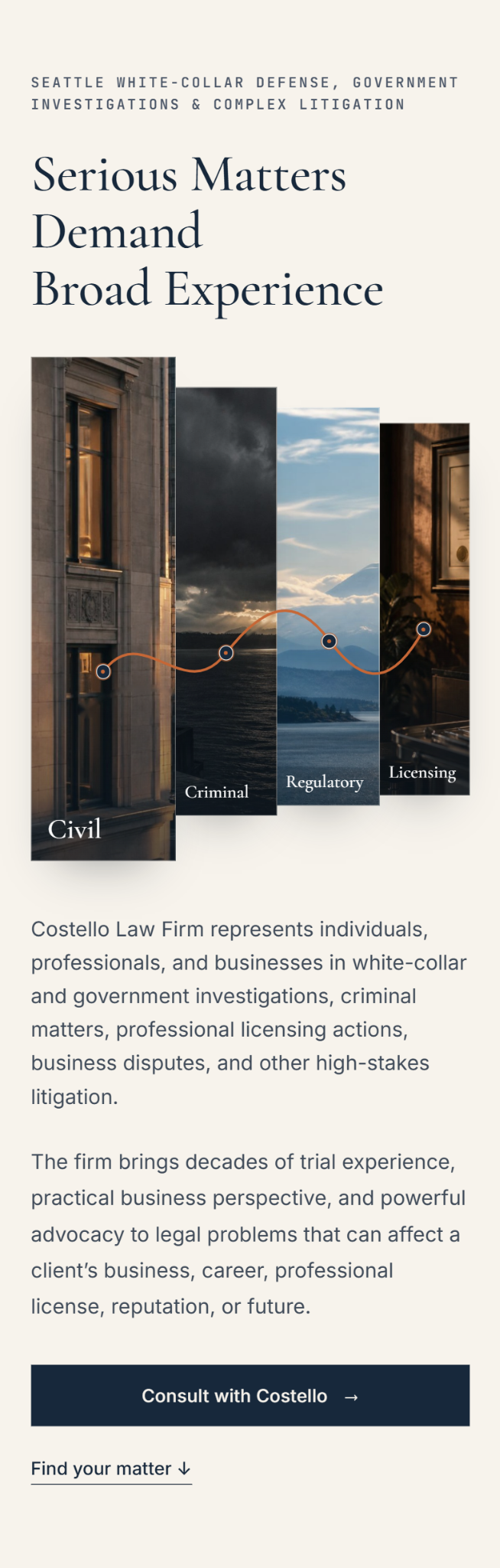 The new homepage on a phone, scrolling from the headline and panels to the consultation button