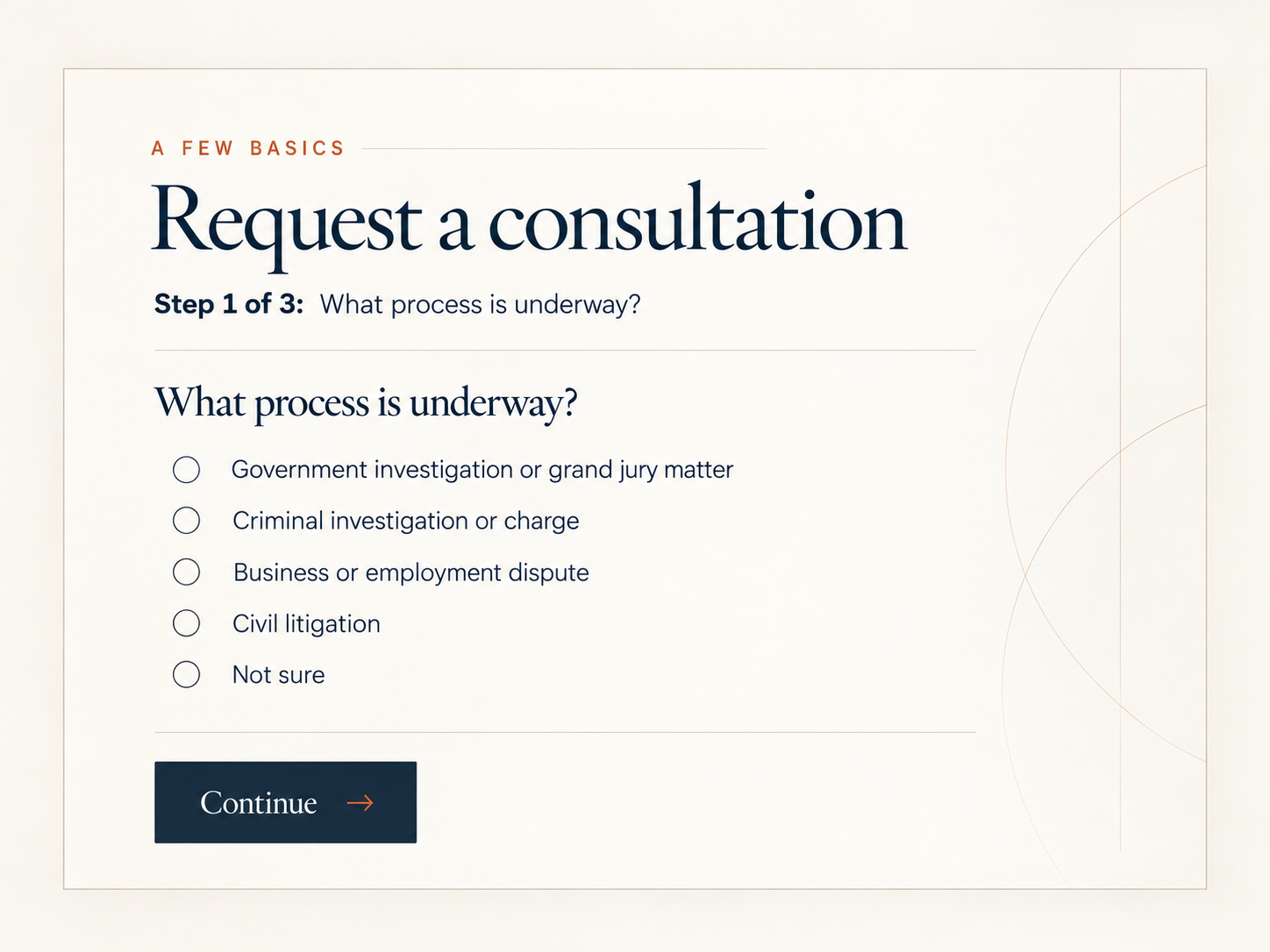 The guided consultation request: step one of three asks what process is underway, with options such as a government investigation or a professional licensing matter